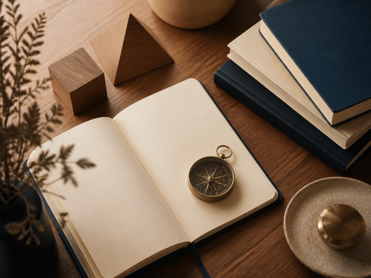 Study desk with an open notebook, brass compass and stacked books